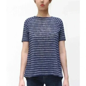 COIN 1804 |  Women's Navy/White Skinny Striped Button Back Short Sleeve Shirt